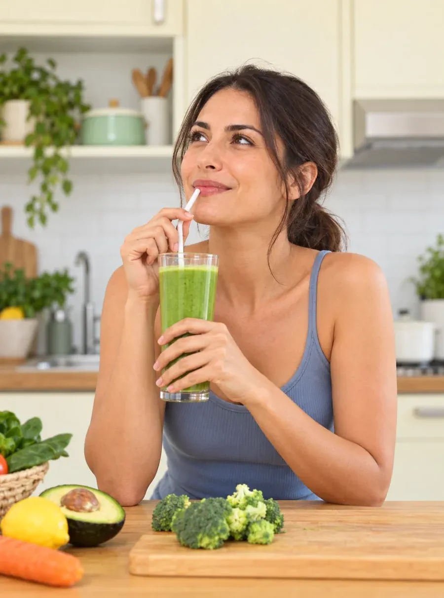 Γυναίκα πίνει πράσινο smoothie στην κουζίνα, δίπλα σε μπρόκολο και αβοκάντο
